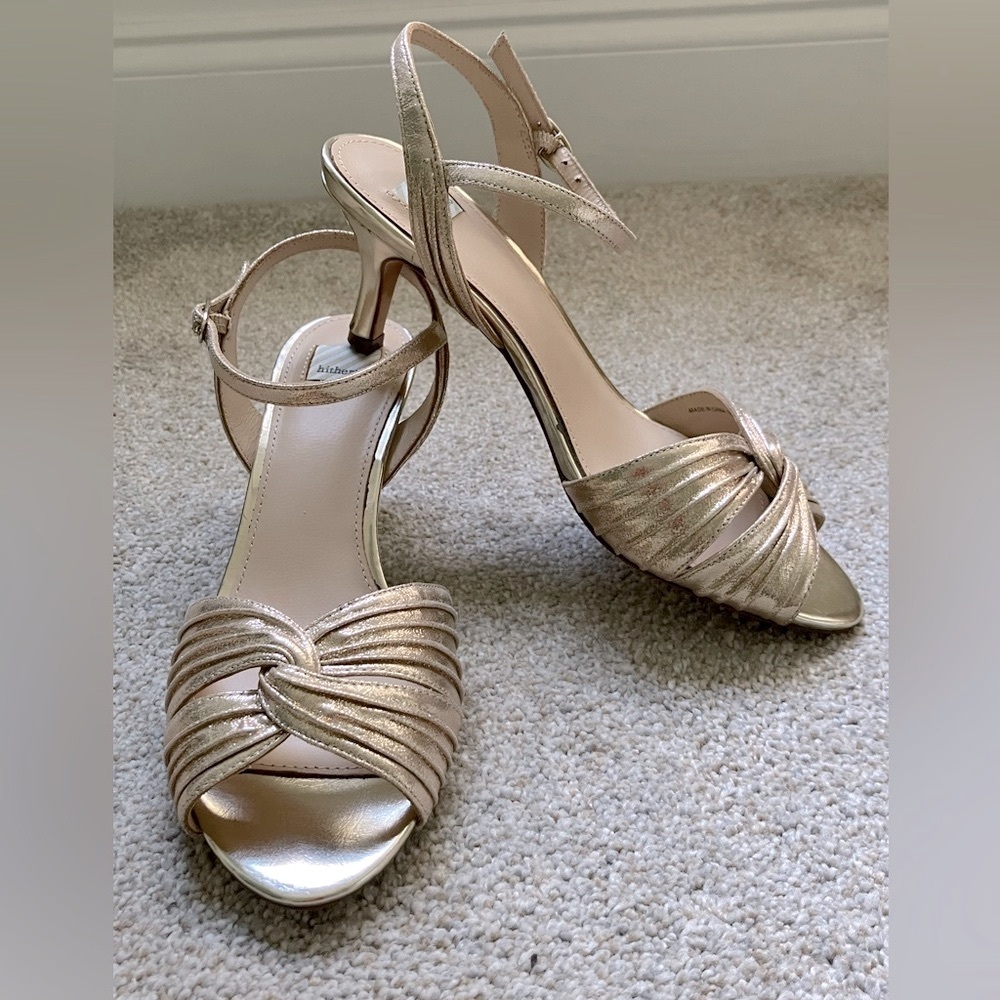 BHLDN Hitherto Gold Ankle Strap Heels Size 6